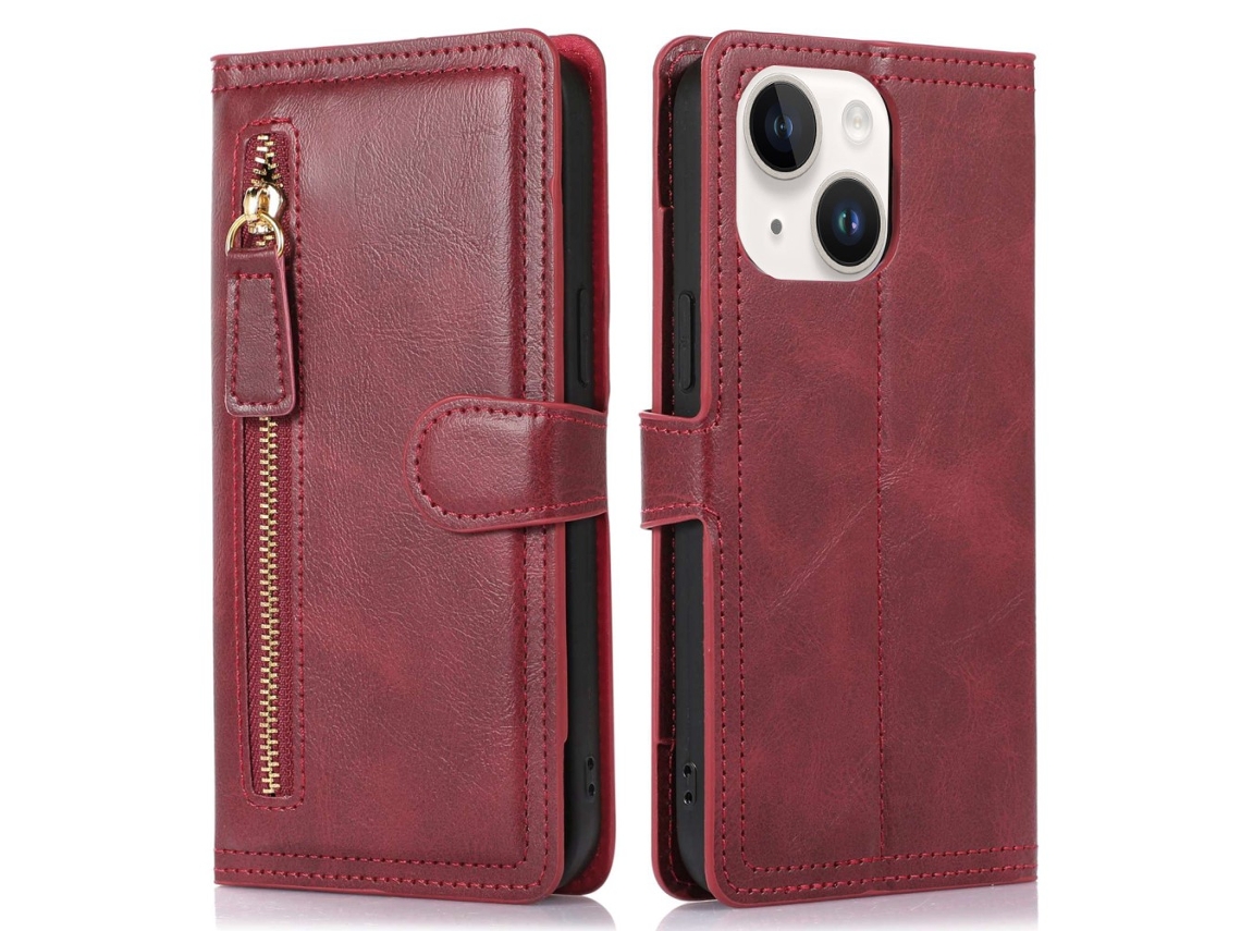 Capa Para Iphone 14 Pele Sintética Anti-riscos Magnética Com Porta-cartões Vermelho