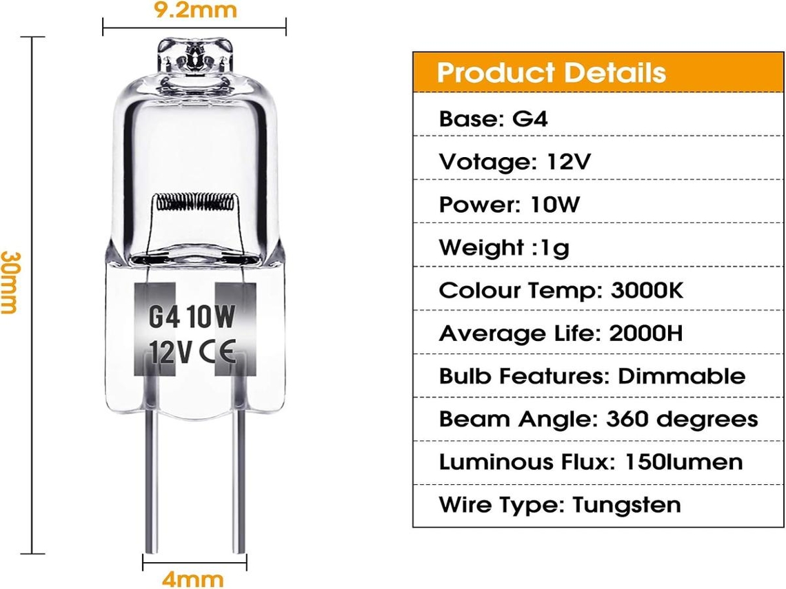 Lurelia Pacote com 20 Lâmpadas Halógenas G4 10w 12v 150lm, Reguladas, Sem Cintilação