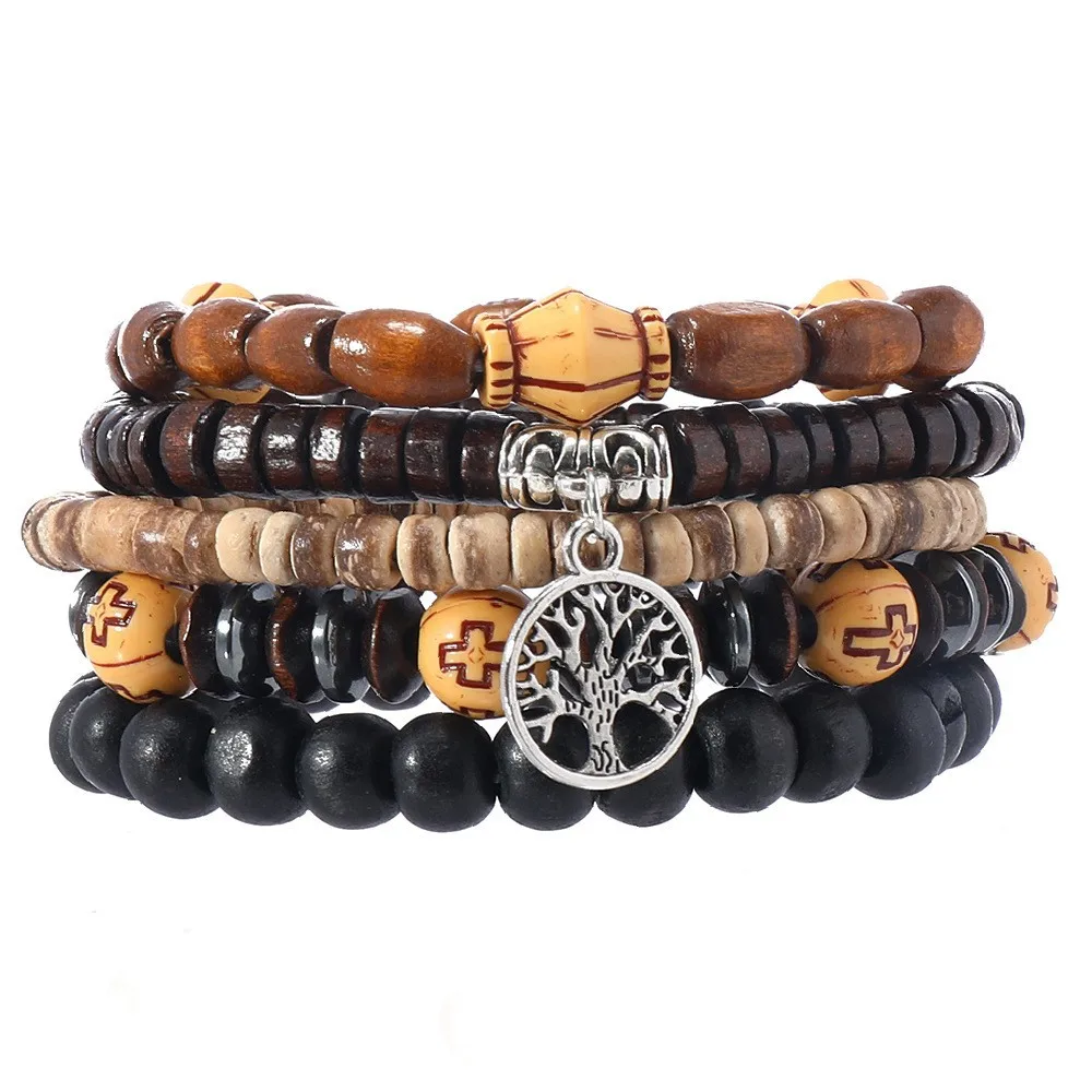 Pulseira de Contas de Madeira, Pulseira com Cruz da Árvore da Vida para Meditação de Ioga MDUG