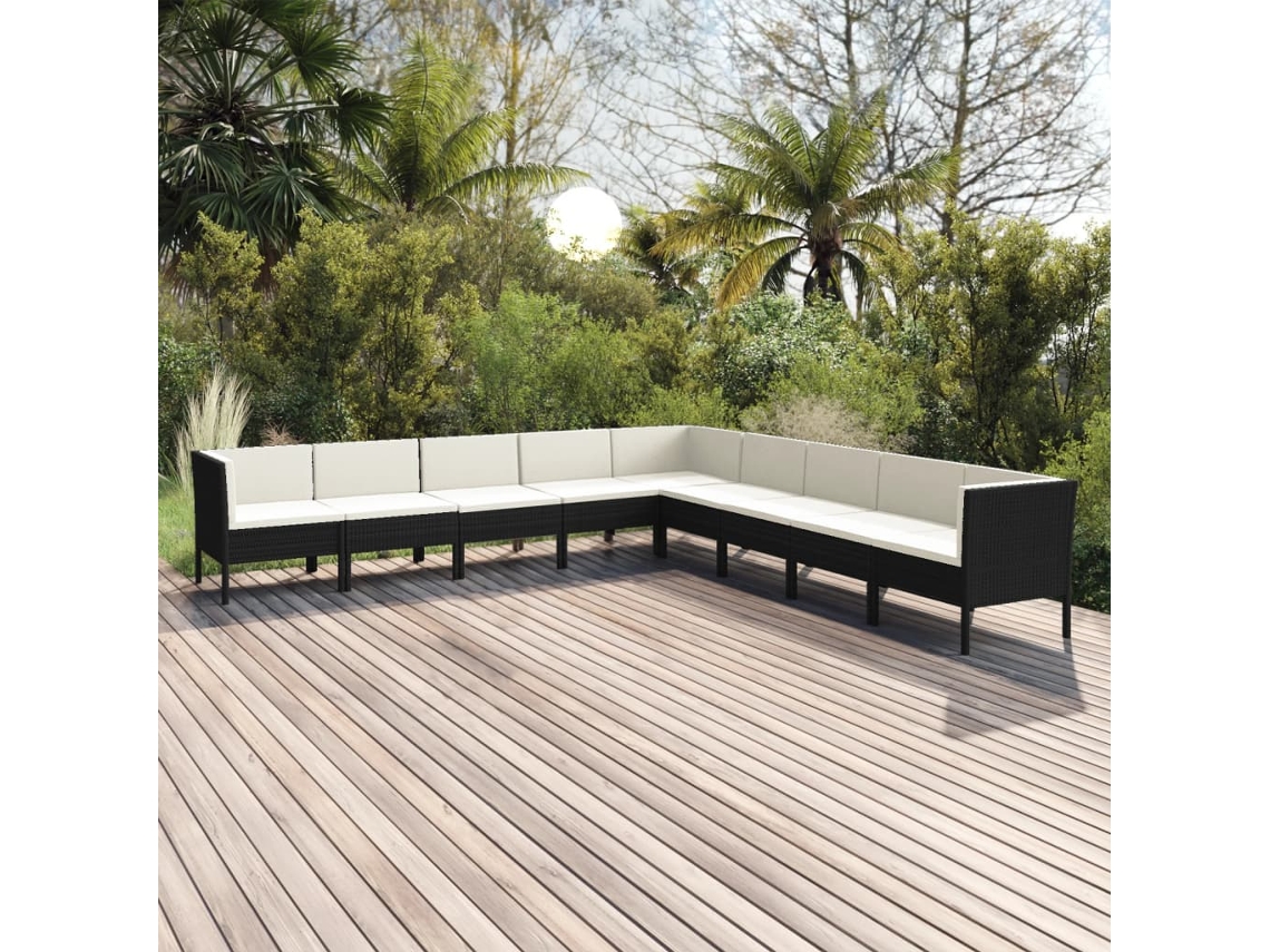 Vidaxl 9 Pcs Conjunto Lounge De Jardim C/ Almofadões Vime Pe Preto