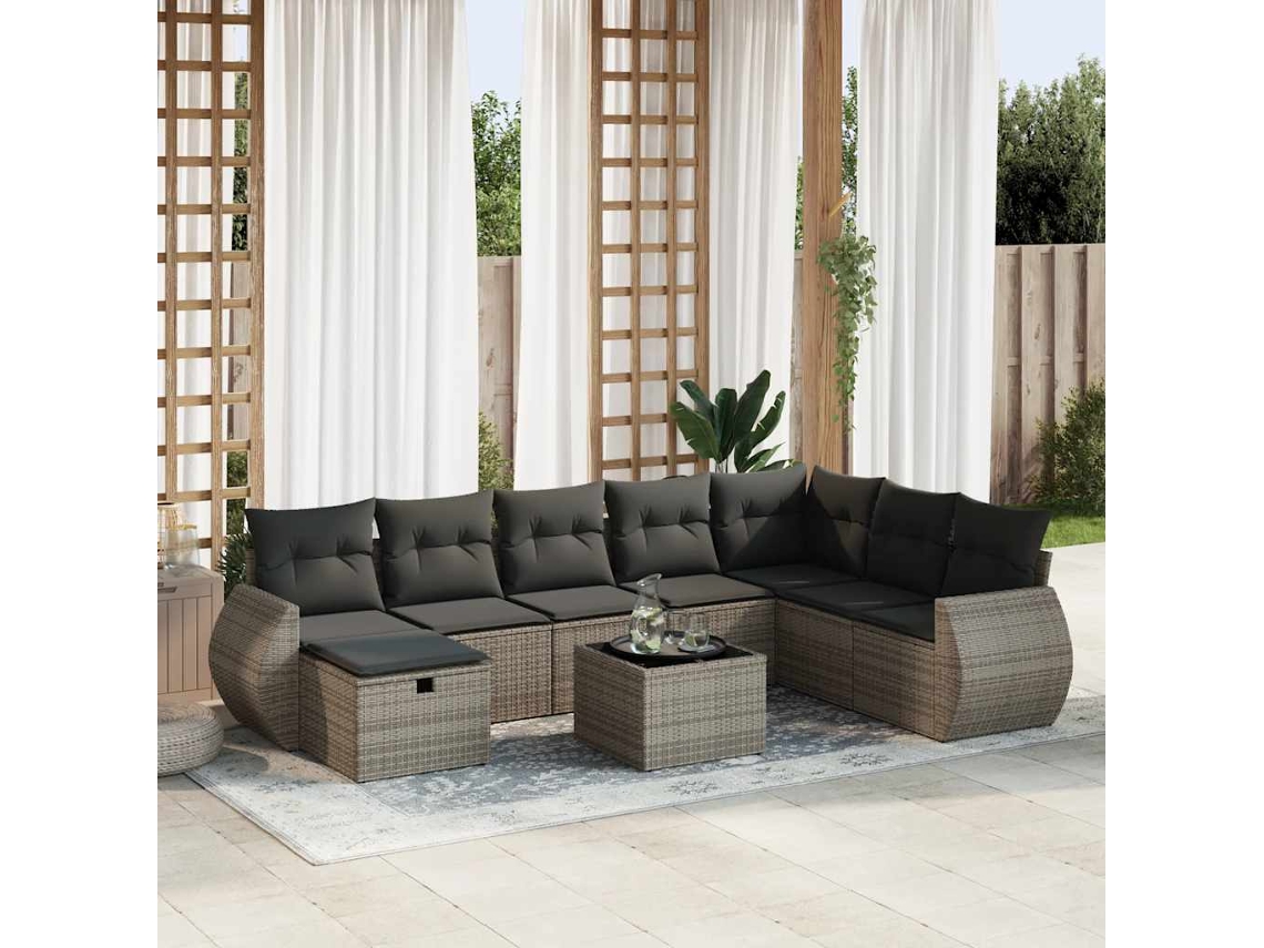 Vidaxl 9 Pcs Conjunto Sofás P/ Jardim Com Almofadões Vime Pe Cinzento