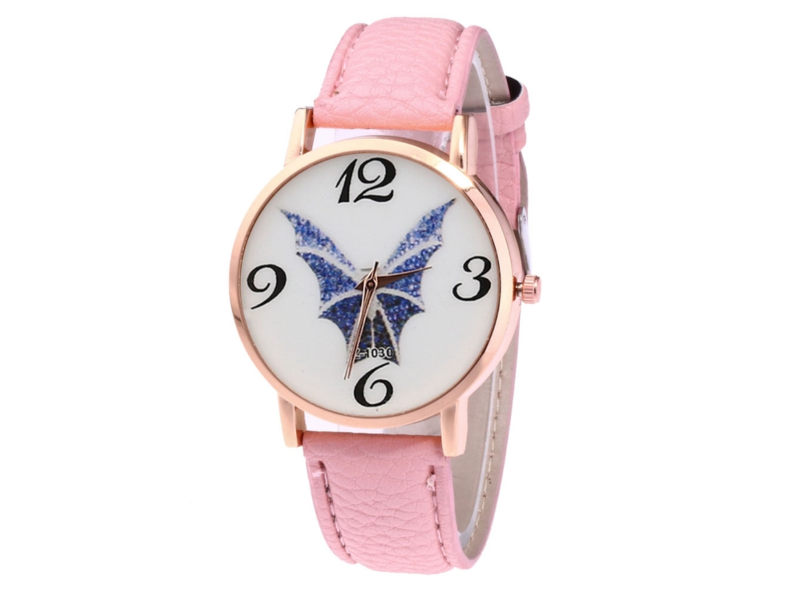 Reloj De Cuarzo Unisex Con Correa De Cuero Pu Zhoulianfa Dial Murciélago Casual Rosa