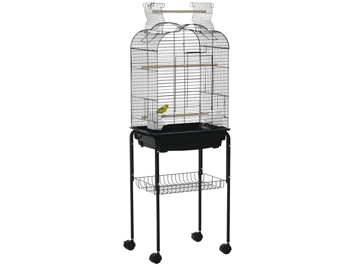 Gaiola de Pássaros com 3 Poleiros, 2 Tigelas e 2 Portas Laterais em Aço, PP e Madeira 46x36x130cm Preto S/MARCA