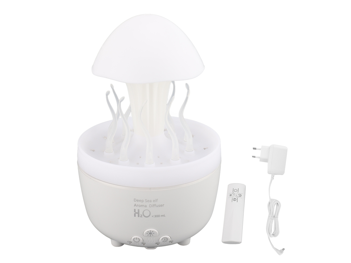 Umidificador Gotas de Chuva 300ml Difusor Óleo Essencial Controle Remoto Luz 7 Cores Branco