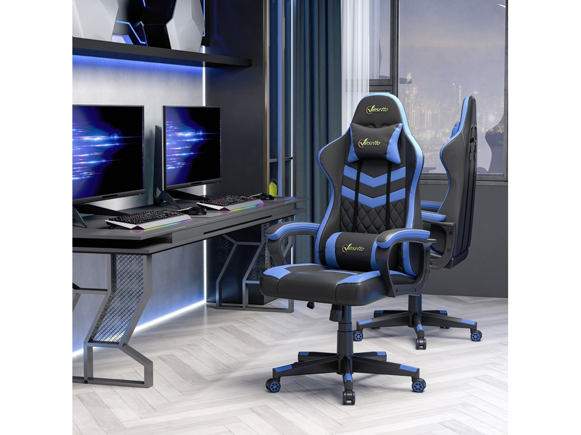 Cadeira Gaming Cadeira de Escritório Ergonómica com Altura Regulável Basculante Apoio de Cabeça 61x70x121 129 Cm Azul KAKFOUR