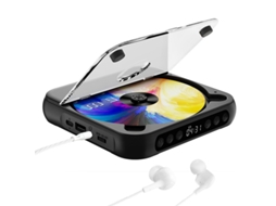 Leitor de CD portátil Bluetooth com bateria de alta capacidade de 1200 mAh, suporta reprodução e repetição via USB e possui tela sensível ao toque, ideal para carro e estudo.