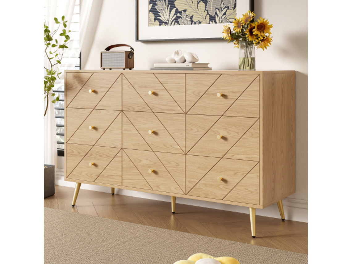 Cômoda moderna com 9 gavetas e pés de ferro – Solução de mobiliário elegante para quarto, sala de estar e corredor – Construção robusta no térreo com padrões
