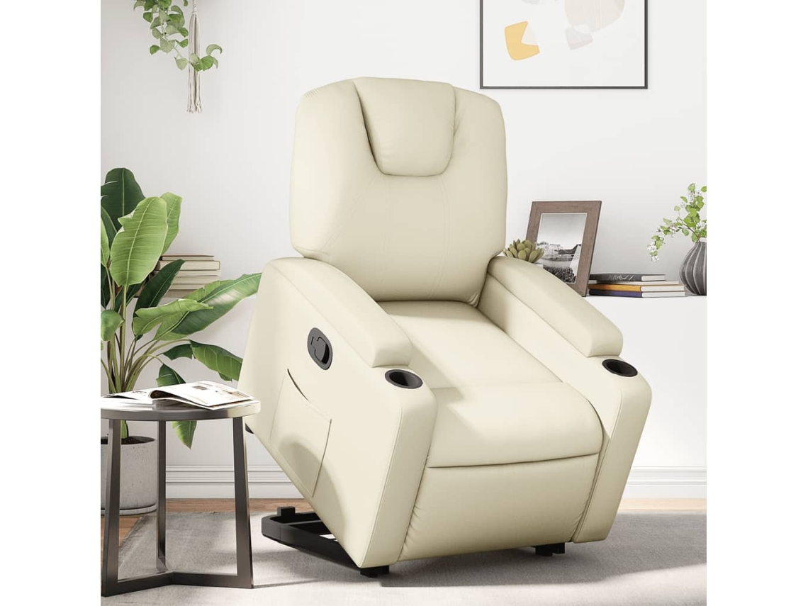 Vidaxl Poltrona Reclinável Elevatória Couro Artificial Cor Creme