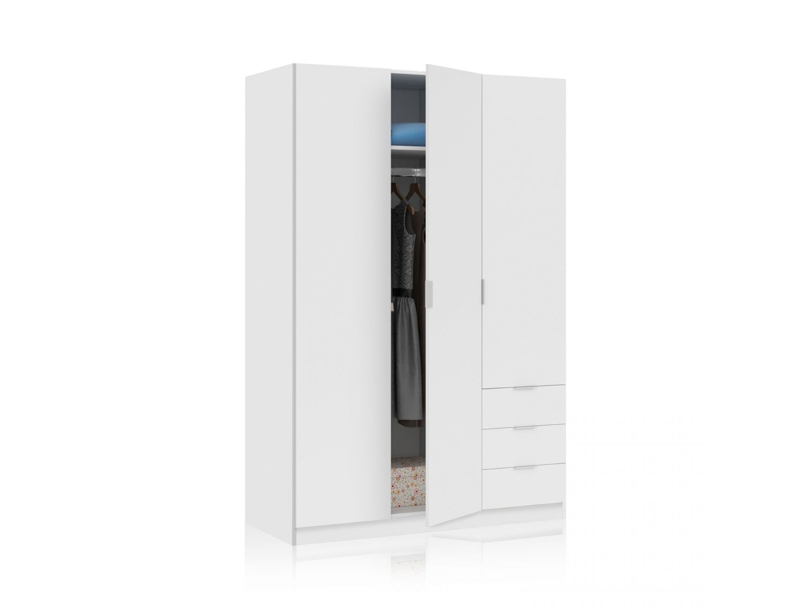 Roupeiro de baixo custo 3 portas 3 gavetas Branco 121(armario)/35(cajón) x 180(armario)/13(cajón) x 52 (armario) / 45 (cajón) cm