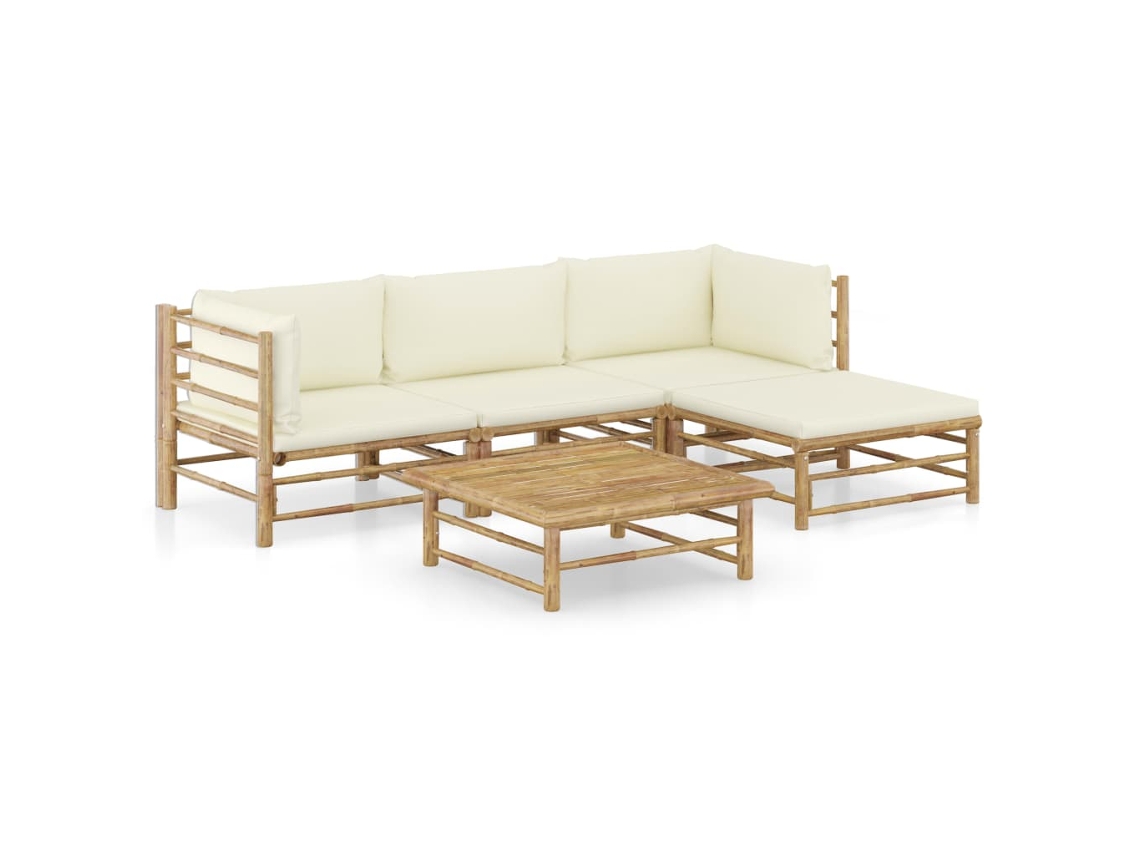 Vidaxl 5 Pcs Conj. Lounge P/ Jardim Em Bambu C/ Almofadões Branco Nata