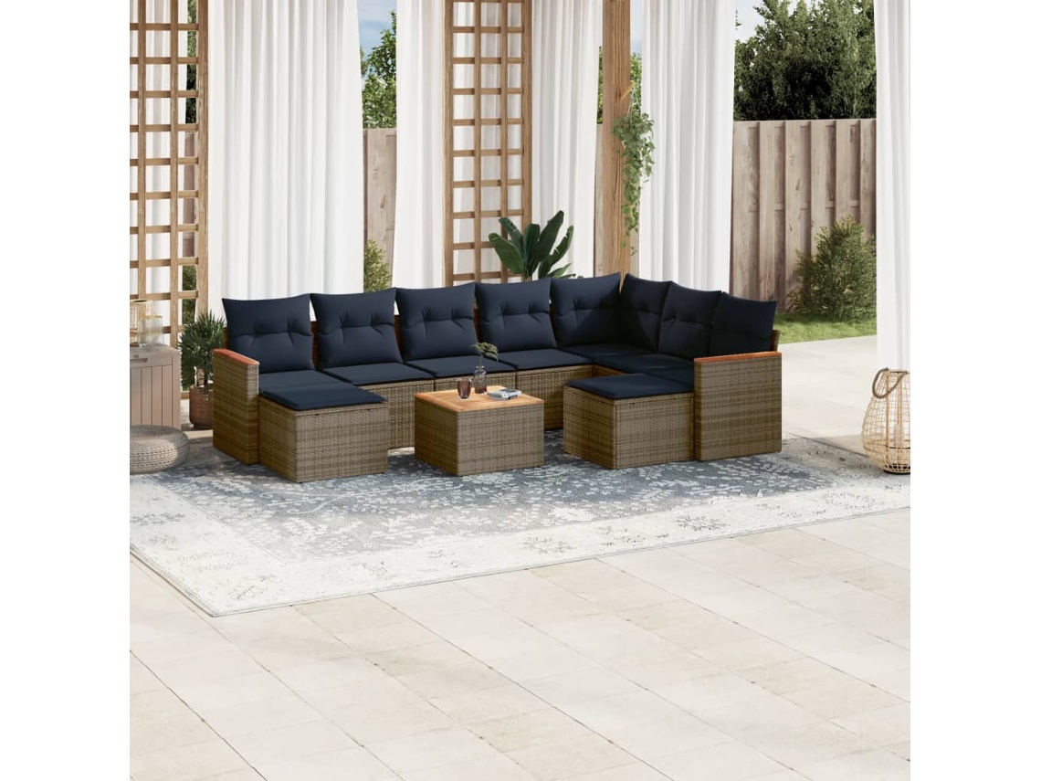 Conjunto de Sofá de Jardim com 9 Peças e Almofadas em Rattan Sintético Cinza VIDAXL