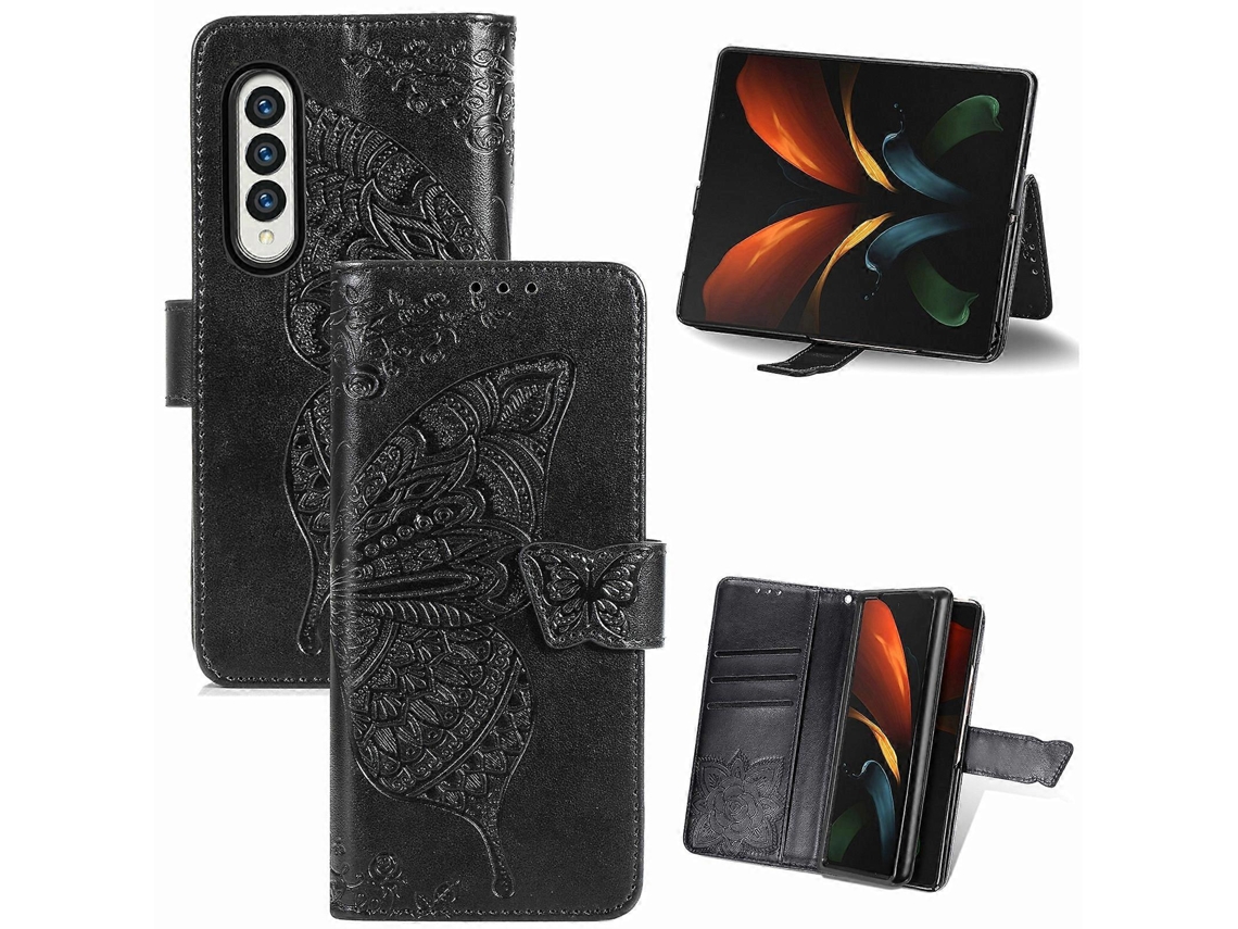 Capa De Couro Flip Horizontal Com Estampa De Borboletas E Flores Em Relevo Para Samsung Galaxy Z Fold3 Com Suporte, Compartimentos Para Cartões, Carte