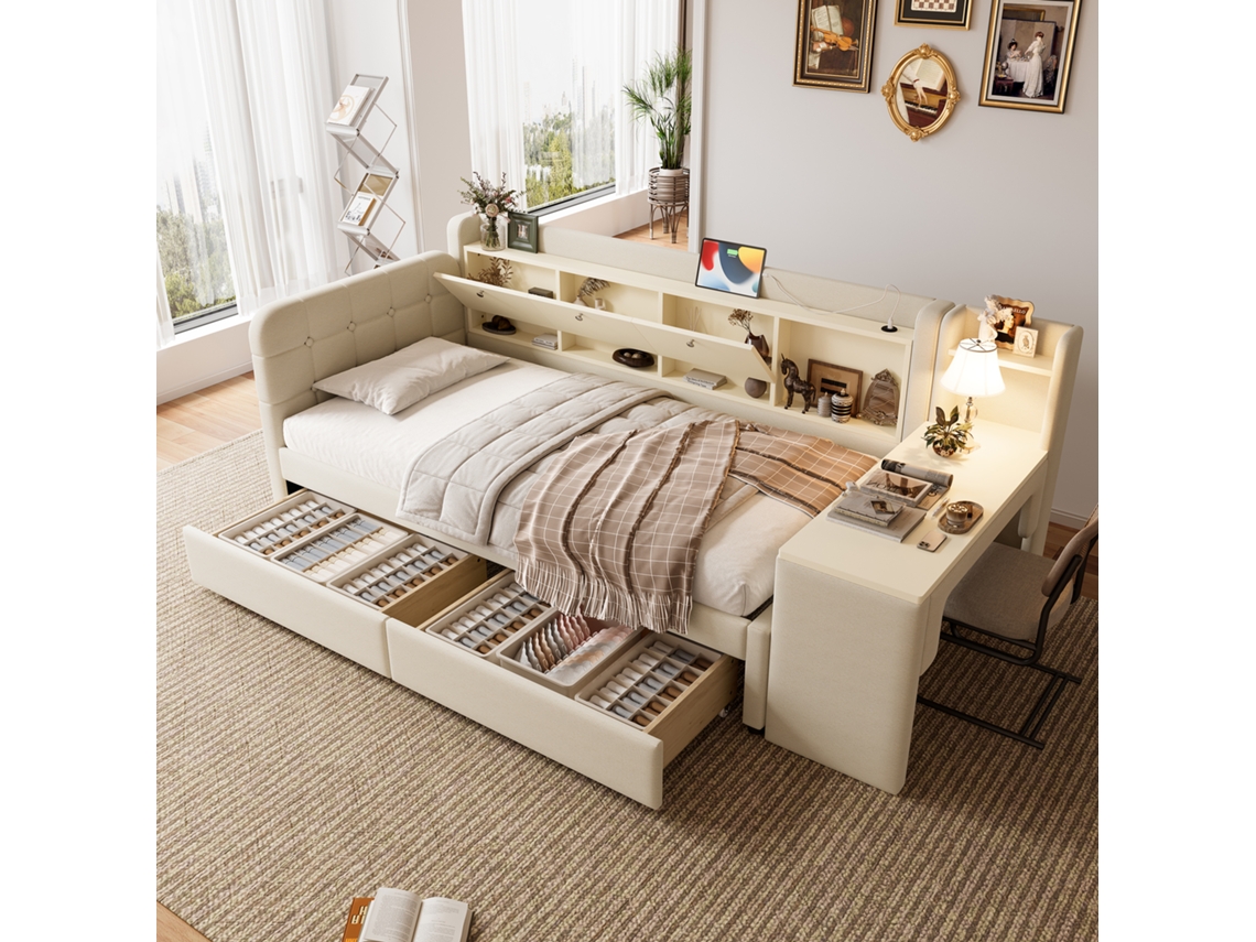 Sofá Cama Daybett 90x200cm 2 Gavetas Mesa Usb Tipo C Flip Top Bege Lino