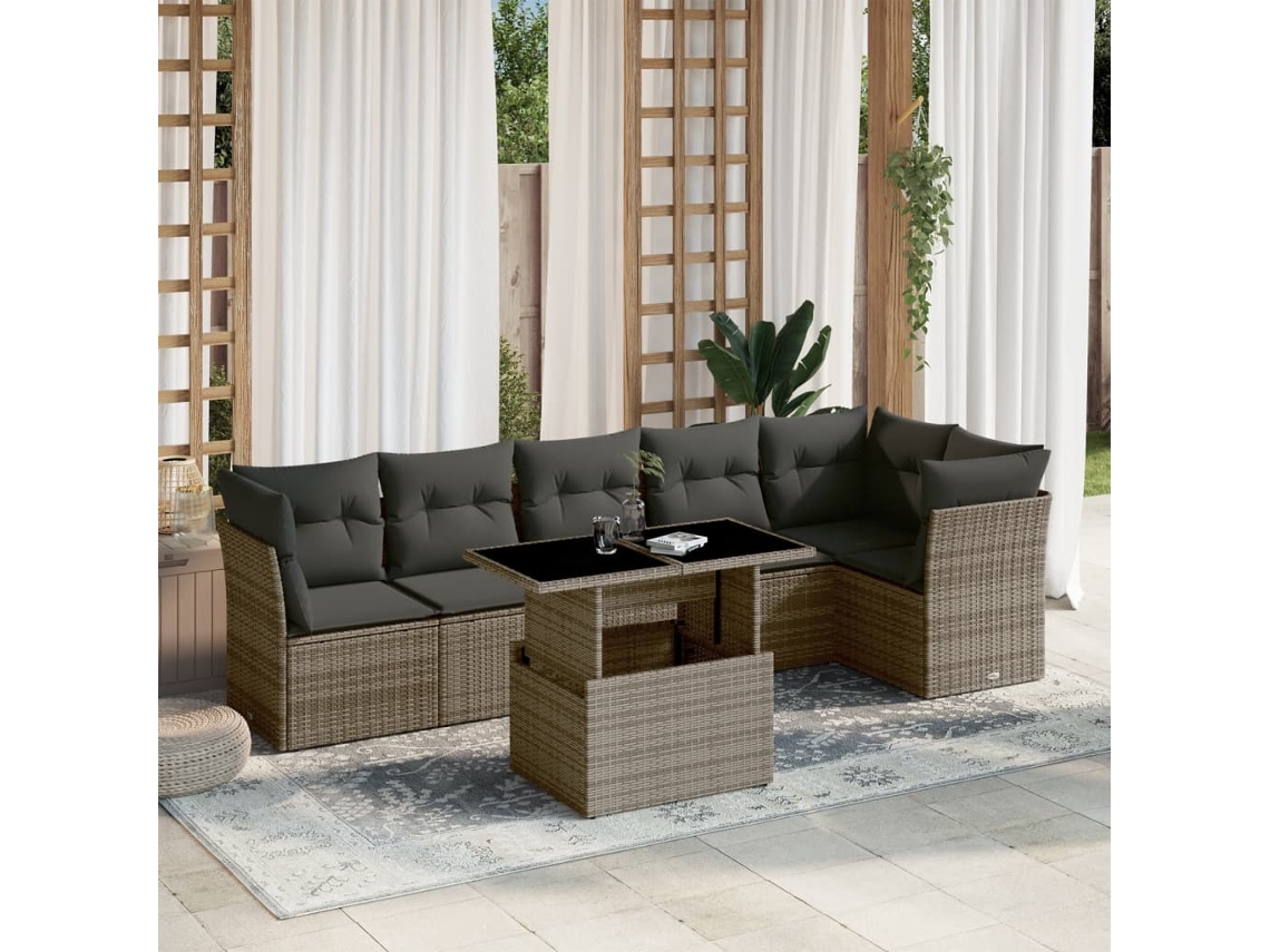 Vidaxl 7 Pcs Conjunto Sofás P/ Jardim C/ Almofadões Vime Pe Cinzento