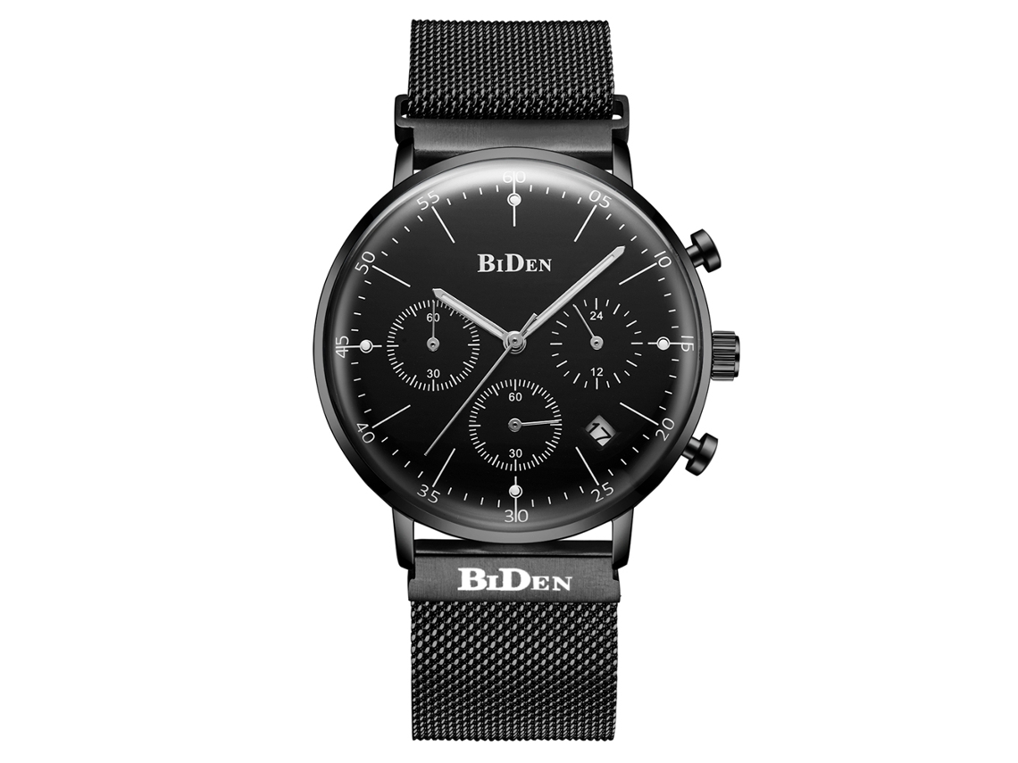 Relógio esportivo masculino Biden de quartzo com três mostradores, pulseira inclusa, preto.