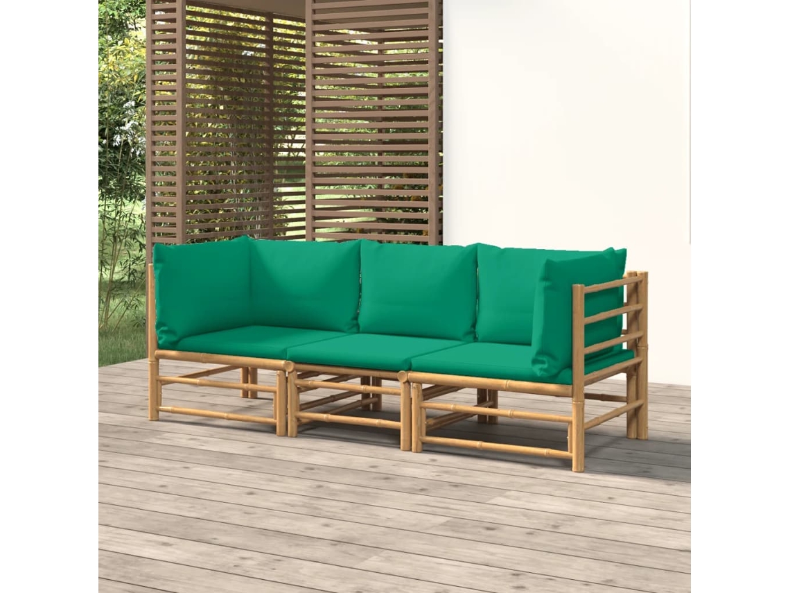 Vidaxl 3 Pcs Conjunto Lounge De Jardim Bambu C/ Almofadões Verdes