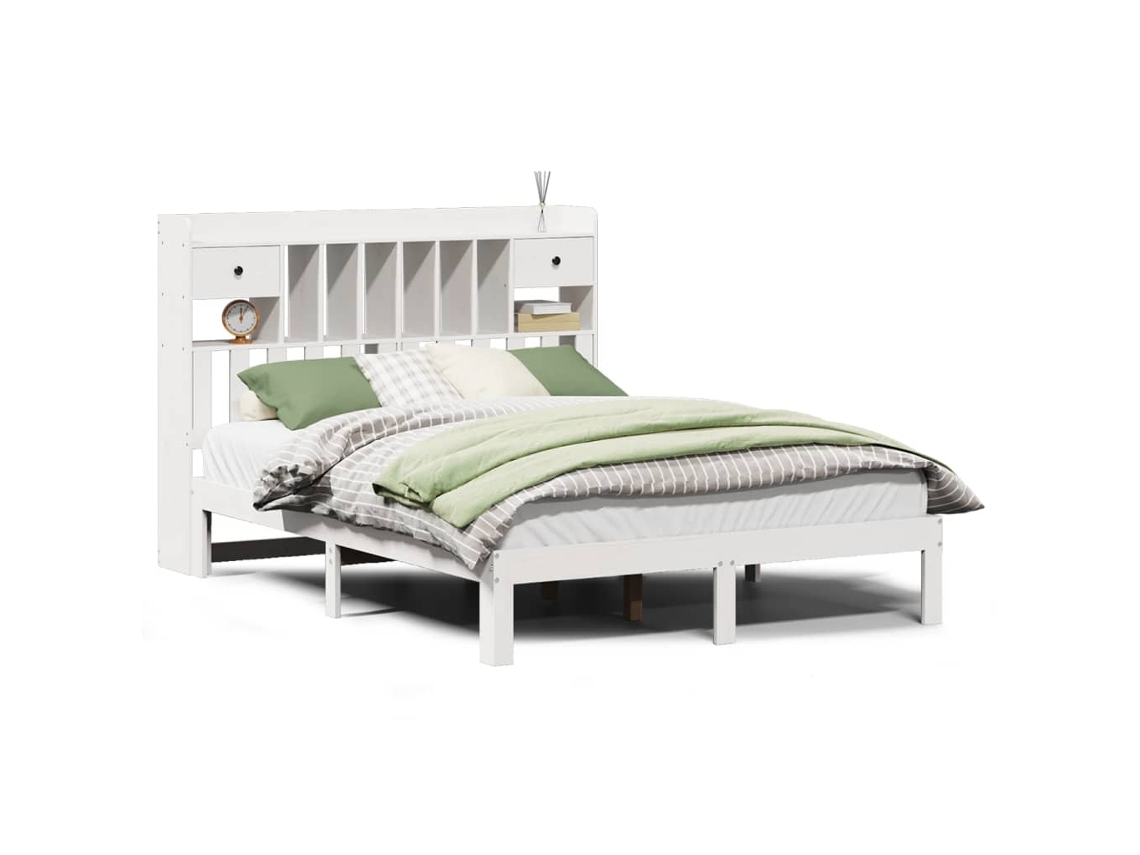 Cama com Estante Pinho Maciço Branco MAISON EXCLUSIVE (160x200 cm)