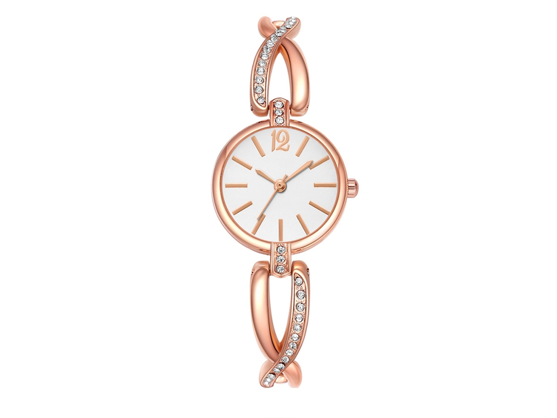 Relógio de Pulso Analógico de Quartzo com Dial Redondo em Liga (cinto Dourado Rosa e Dial Branco)