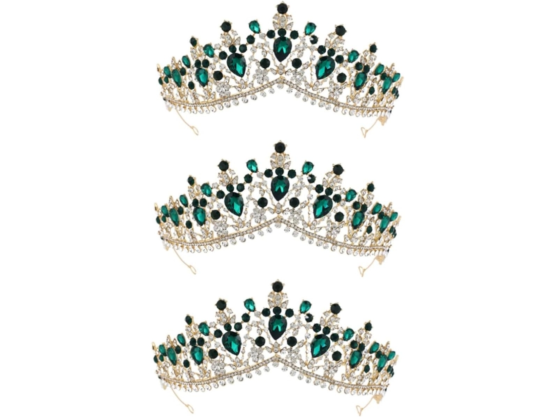 Coroa De Casamento Elegante De 3 Peças Com Strass, Acessório Chique Para Mulheres, Tiara E Verde.