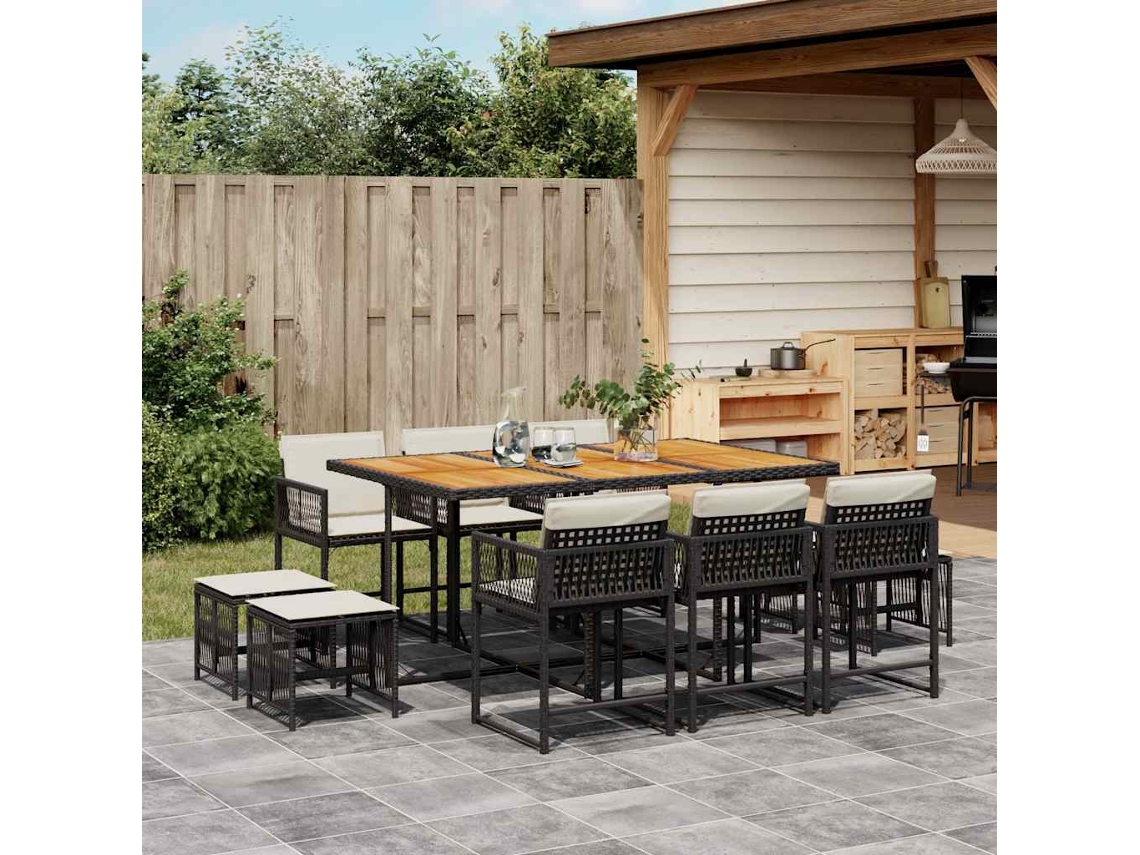 Vidaxl 11 Pcs Conjunto De Jantar P/ Jardim C/ Almofadões Vime Pe Preto