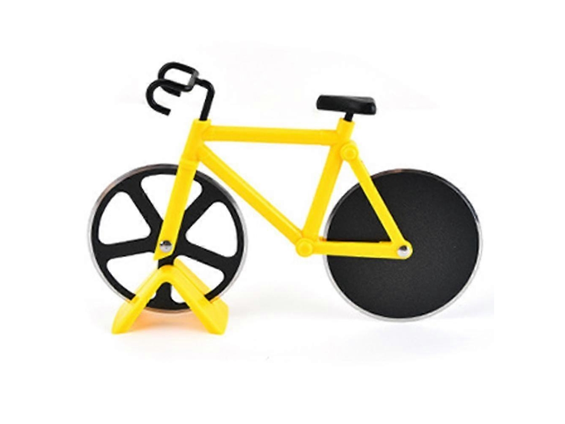 Cortador de pizza em formato de bicicleta amarela com suporte antiaderente em aço inoxidável.
