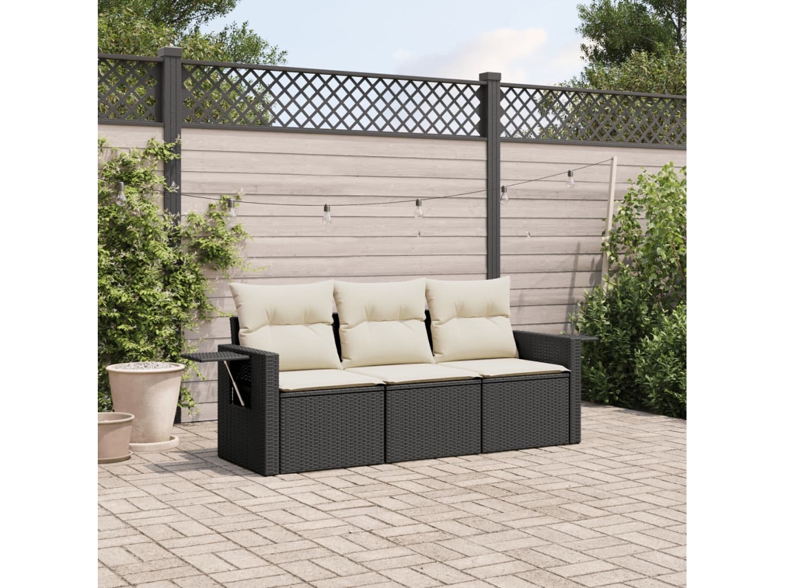 Vidaxl 3 Pcs Conjunto Sofás De Jardim Com Almofadões Vime Pe Preto