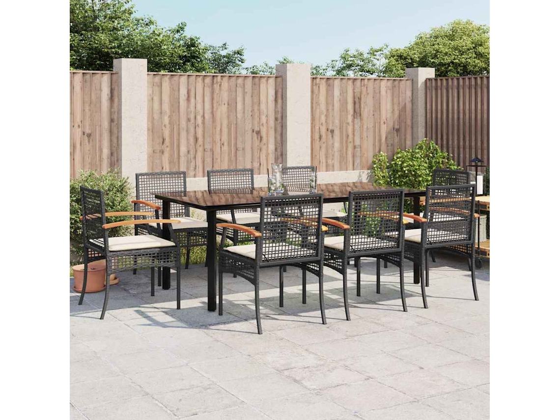 Vidaxl 9 Pcs Conjunto De Jantar P/ Jardim C/ Almofadões Vime Pe Preto