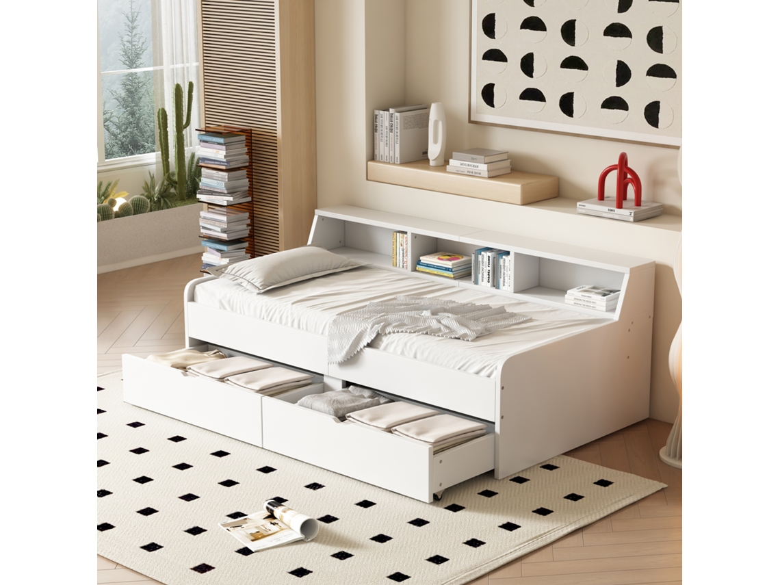 Cama De Dia 90x200cm Individual Branco Com Gavetas E Armazenamento