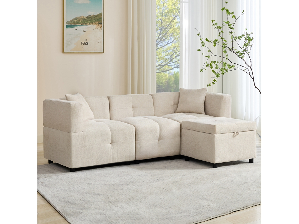 Sofá Modular L Chenille Cinza Chaise Longue Confortável