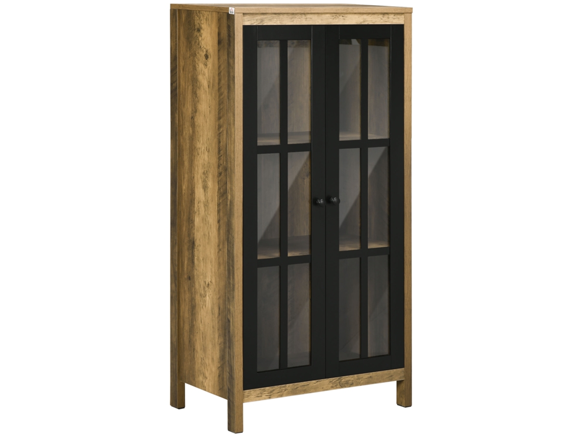 Aparador Moderno De 2 Portas Em Vidro E Madeira, 60x35x120cm, Marrom