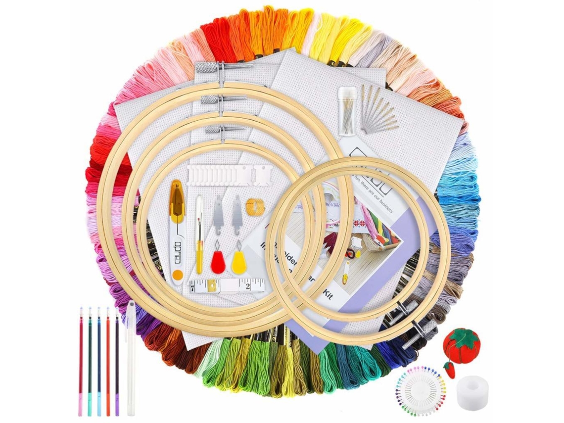 Lurelia Kit Bordado Ponto Cruz Bambu 154 Peças 5 Bastidores 100 Cores Natural Com Bastidor