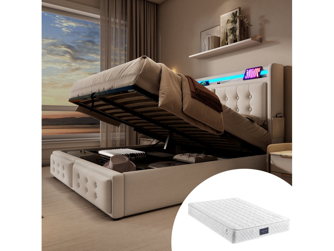 Cama Estofada 140x200 Bege Com Led Usb E Colchão