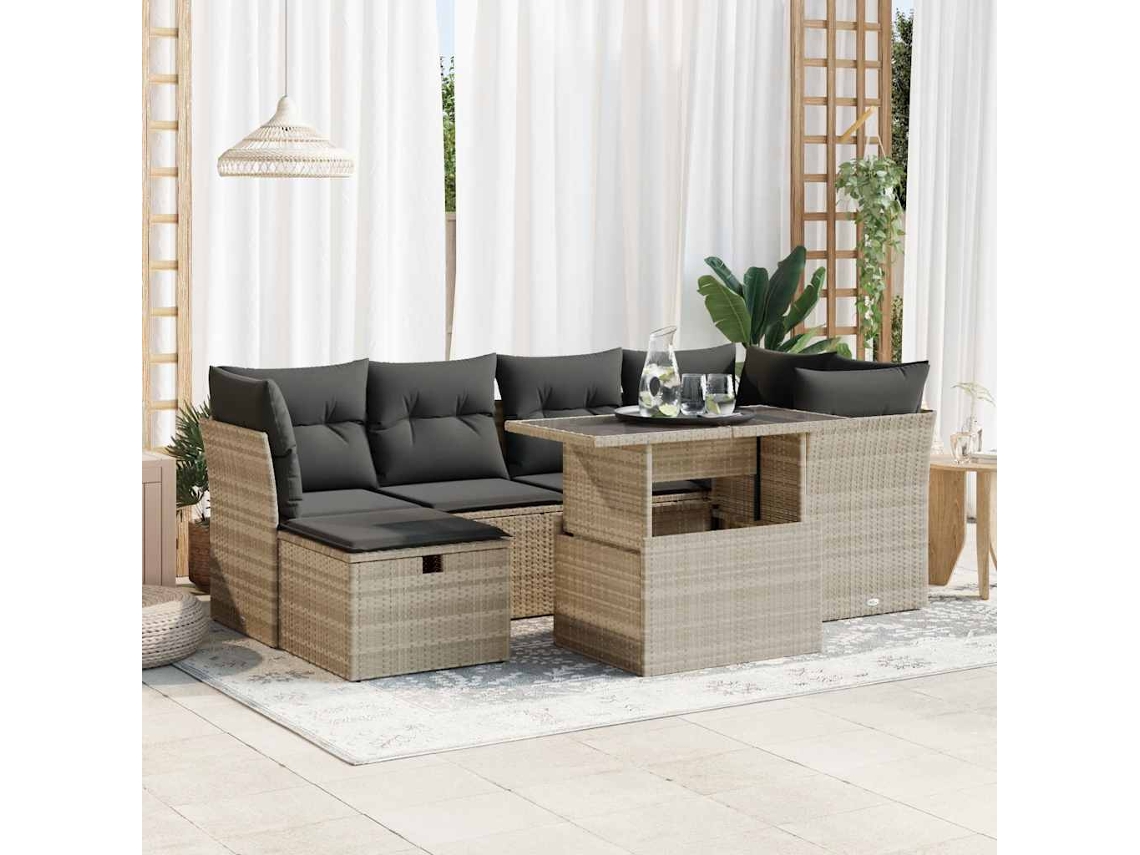 Vidaxl 7 Pcs Conj. Sofás Jardim Com Almofadões Vime Pe Cinzento-claro