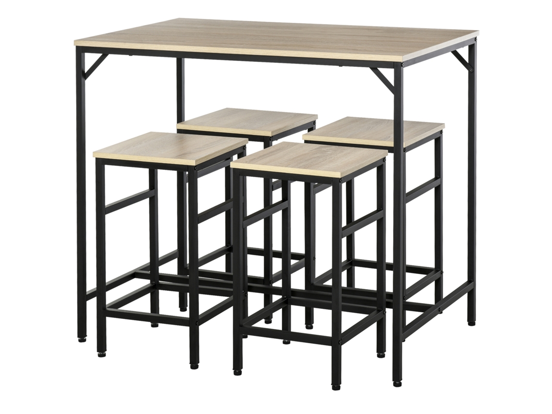Mesa Alta Industrial com 4 Bancos em Metal e Madeira Carvalho Claro