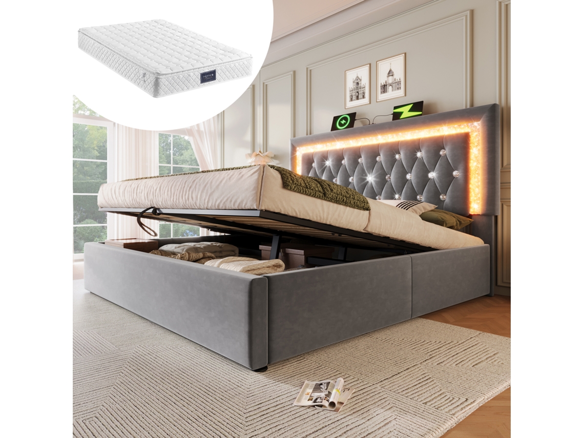 Camas ROLIPO com Baú de Arrumação e Led Integrado 160x200 Cm Cinza