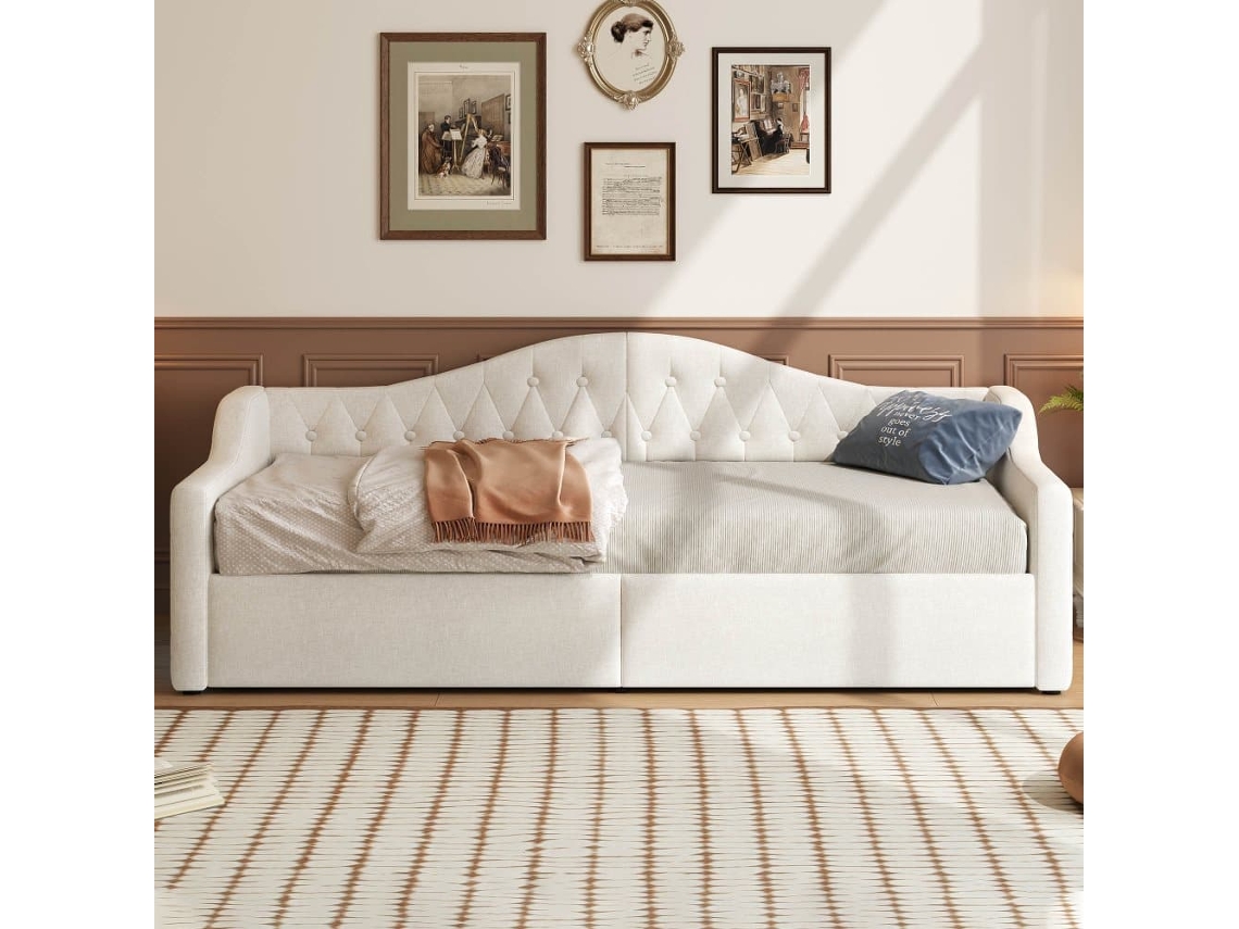 Cama De Dia 90x200 - Estofada Com Led E Espaço De Armazenamento - Bege