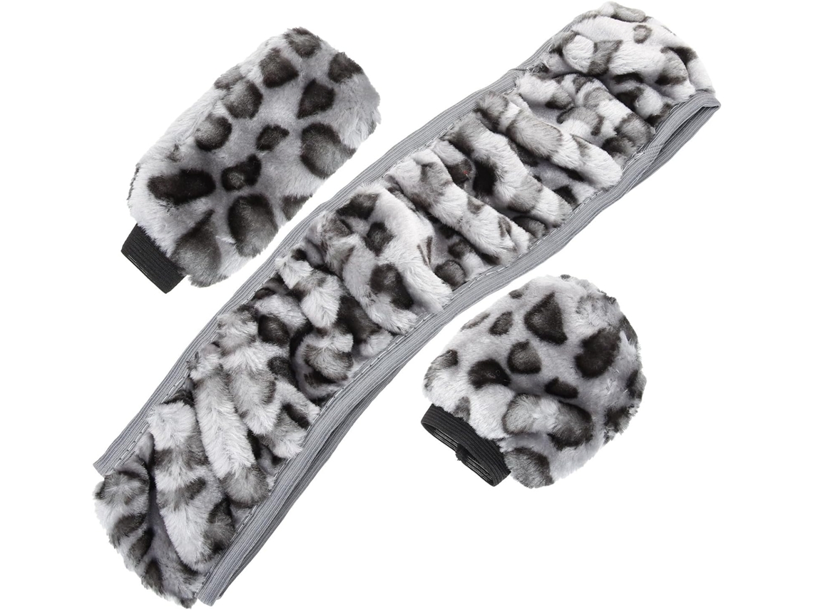 Conjunto De 3 Peças De Capas De Volante De Pelúcia Com Estampa De Leopardo Para Proteção Das Mãos.