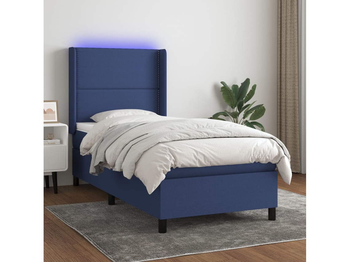Vidaxl Cama Box Spring C/ Colchão E Led 90x190 Cm Tecido Azul