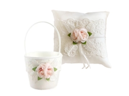 Cesto de Casamento e Almofada de Anéis Rosa e Branco LAXISCREED com Flores e Rendas para Casamento