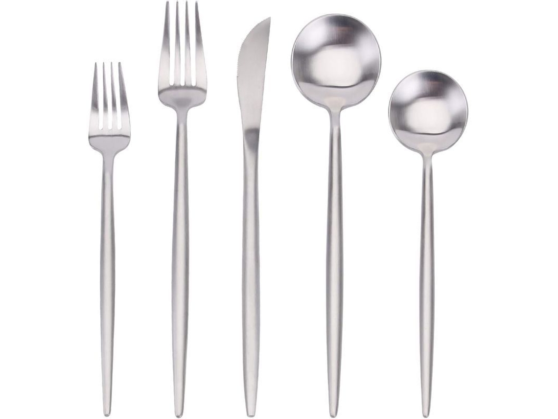 Conjunto de talheres de 5 peças em aço inoxidável acetinado, modelo 2026, para uso doméstico e em restaurantes.