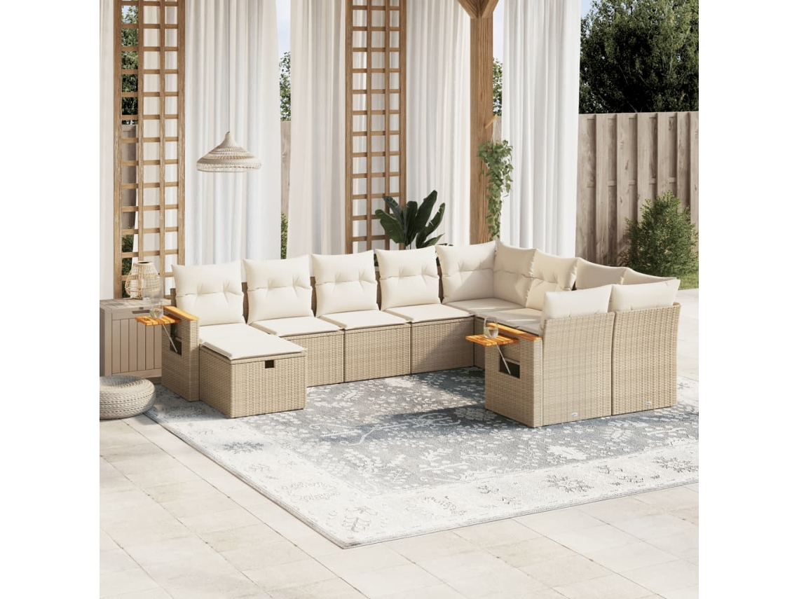 Vidaxl 10 Pcs Conjunto De Sofás P/ Jardim Com Almofadões Vime Pe Bege
