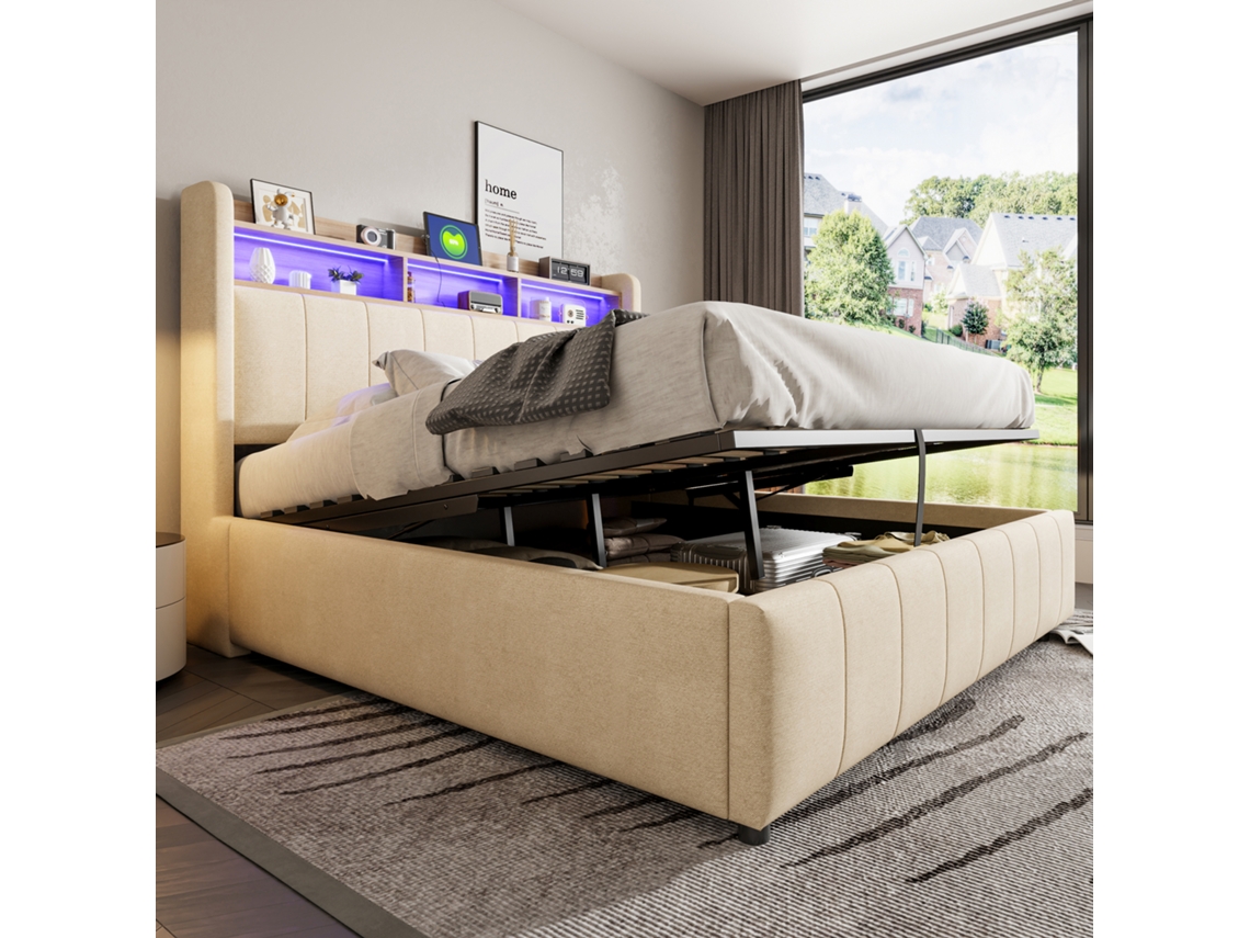 Cama Estofada 160200cm Com Iluminação Led E Tomada Usb, Cabeceira Com Prateleiras E Espaço De Arrumação Liptaptyn (sem Colchão)