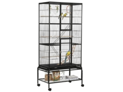 Gaiola Para Pássaros Com Rodas De 3 Níveis Com 3 Poleiros Comedouros Brinquedos Rampas E Prateleira 83x53x180 Cm Preto