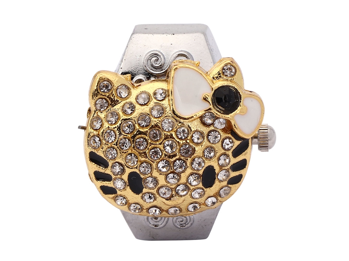 Relógio feminino com aro flip-up, strass e quartzo branco.