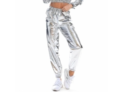 Rebe-Fashion Calça Casual Holográfica Feminina Cool Streetwear Brilhante Para Clube L Prata