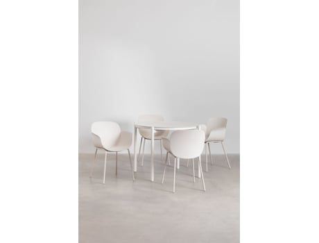 Conjunto De Mesa Redonda De Alumínio Elton E 4 Cadeiras De Jardim Lynette Alumínio Branco Pedra Sklum (ø110 Cm)