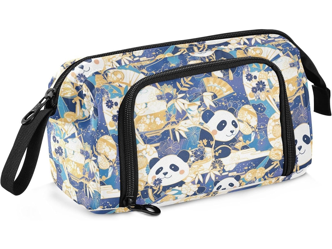 Estojo Grande para Lápis, com Estampa de Panda Azul e Dourado, Ideal Meninas. 24 X 9,5 15 Cm