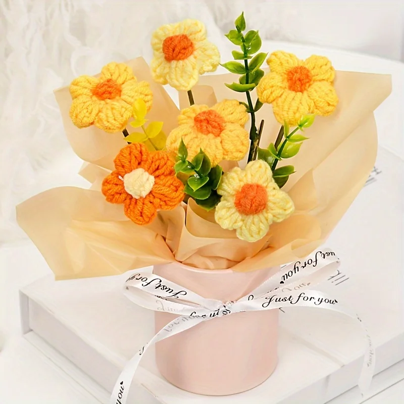 (amarelo) Buquê Amarelo Feito À Mão Em Crochê, Buquê De Margaridas Tricotado, O Presente Perfeito.