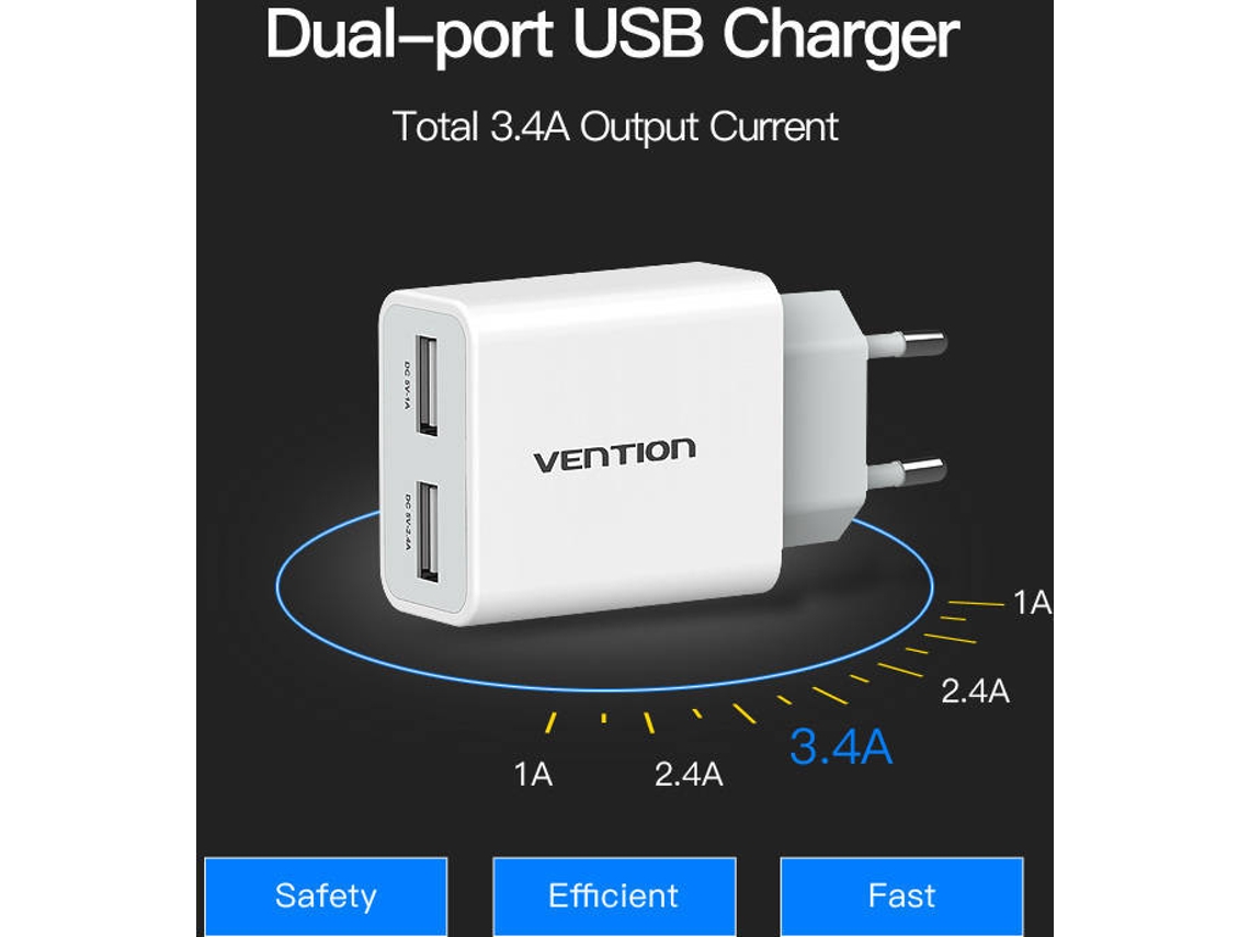 Carregador Vention de Viagem com Duplo USB 5v / 1A - 2,4A