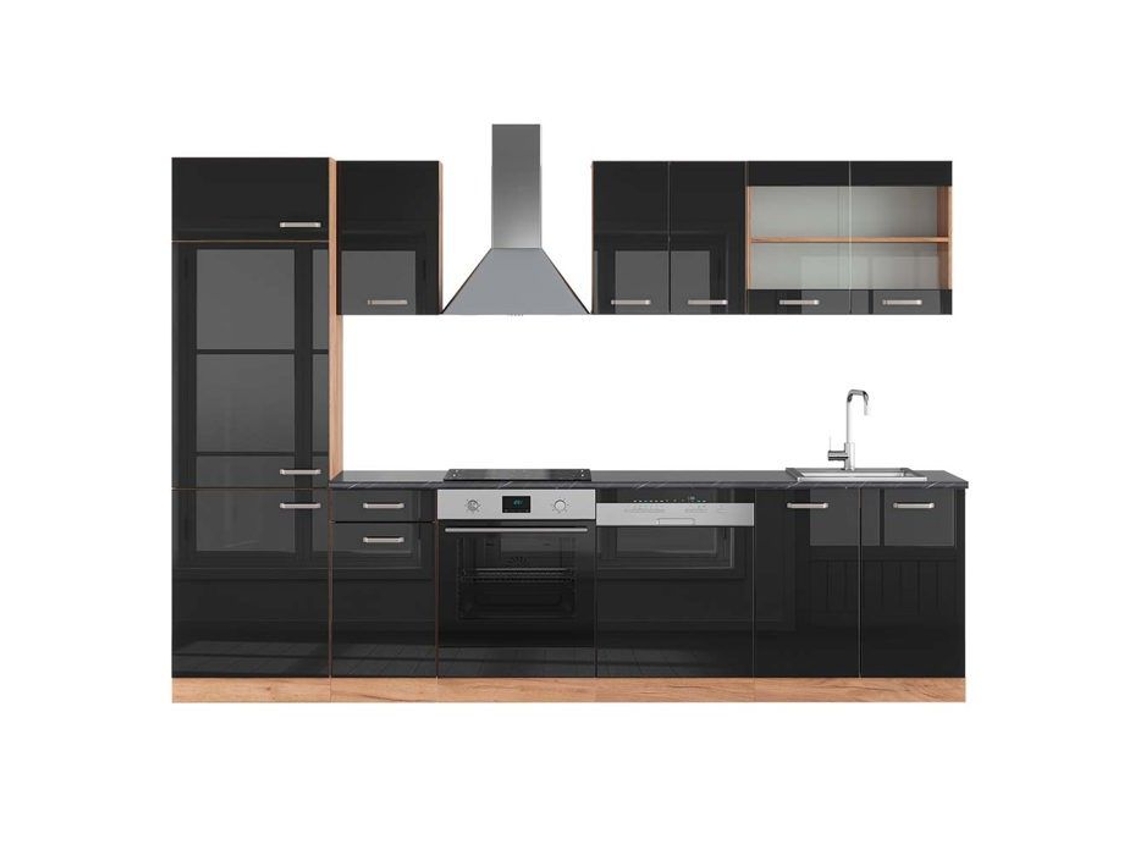 Cozinha R-Line, 300 cm, PT Antracite, Preto brilhante/Carvalho dourado, Vicco